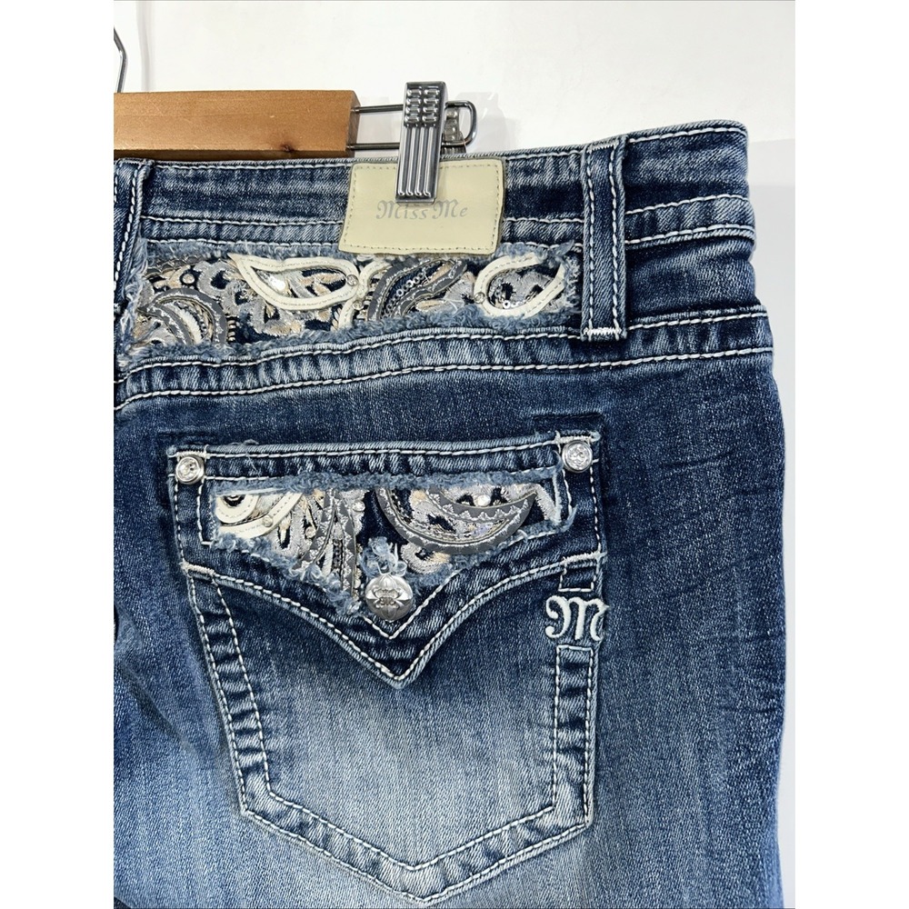 Women's Miss Me Curvy Ankle Skinny Jeans Sequined Embroidered Pockets Stretch 38